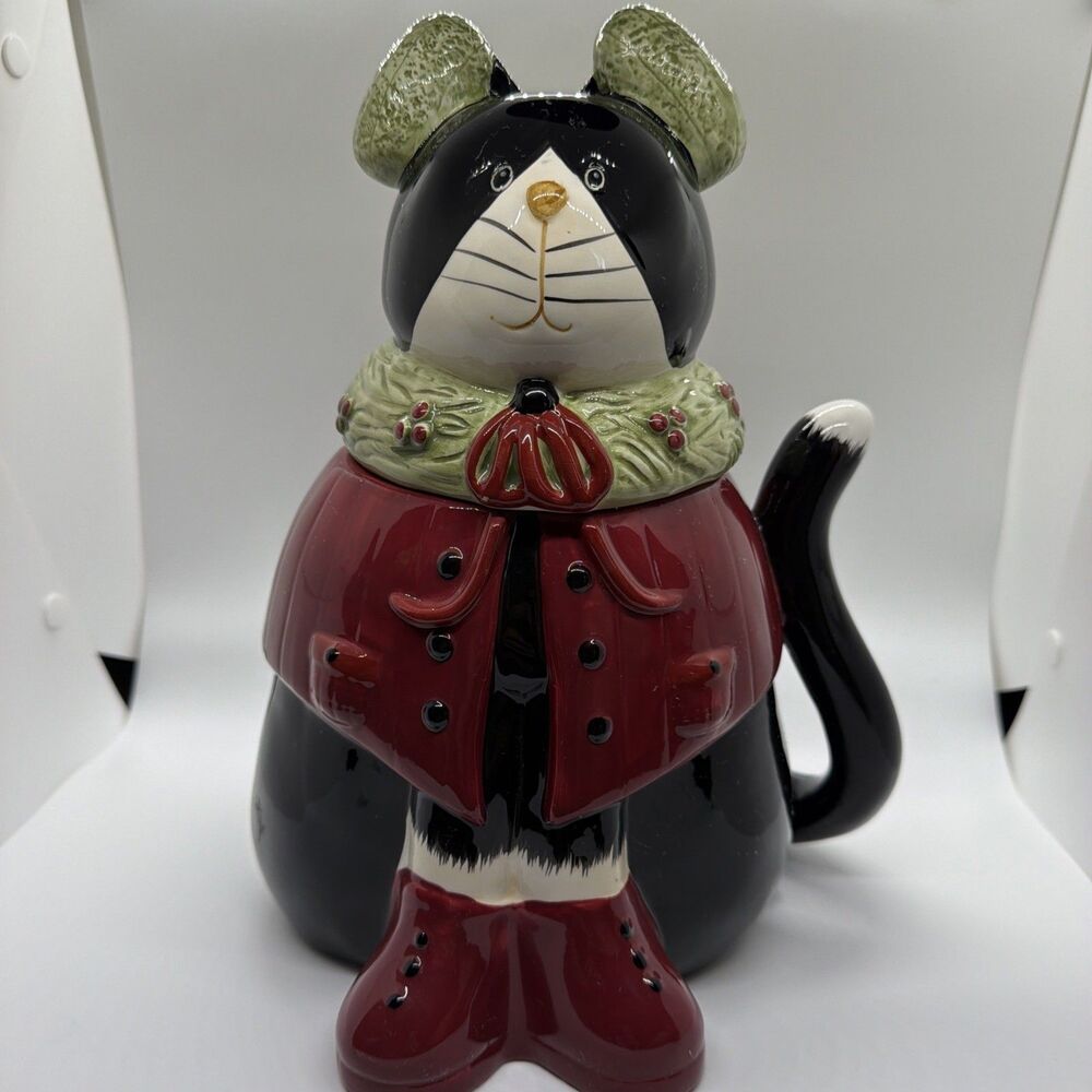 Sakura Fiddlestix Cozy Cat Holiday  Cookie Jar Earthenware Pre-owned